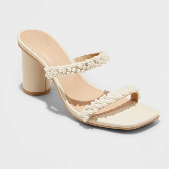 Ivory white & tan pearl embellished beaded strappy open toe heeled sandals heels - Picture 5 of 6